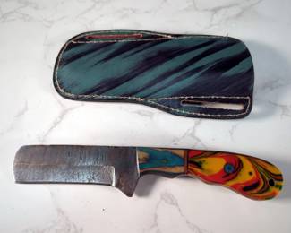 Custom Damascus Fixed Blade Knife, 4" Sheepsfoot Blade, In Leather Sheath