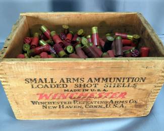 12 ga Shotgun Ammo, Brands Include Winchester AA, Remington, Fiocchi, Federal, And More, Approx 375 Rds, In Winchester Shot Shell Crate