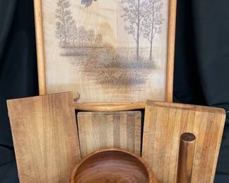 Genuine teak wood salad server with 4 bowls 10 x 4 in. and 6 x 3 in.
Lazy Susan with paper towel dowel 15 x 15 in.
3--but her blocks 7 x 1 x 9 in., 8.5 x 1.5 x 10 in., and 7 x 1 x 12 in.
Large serving tray 16 x 24 in.