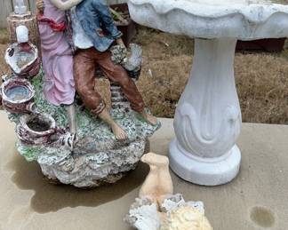 Angel figurine 6 x 7 x 12 in.
Water feature 16 x 24 x12 in. (Unknown if operates, connector hose in photos)
Birdbath 16 x 20 in.