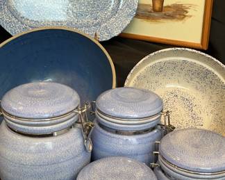 The Main Ingredient canister set 5 x 6 to 7 x 10 in.
Western stoneware bowl 10 x 5 in.
Vintage stoneware blue bowl 12.5 x 6 in.
Spongeware rectangular serving platter 16 x 2 x 13 in.
Framed Topiary still life art 12 x 15 in.