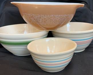 Pyrex woodland bowl 9 x 4 in.
Vtg green striped beehive bowl 9 x 4 in.
Vtg McCoy pottery mixing bowl 8 x 4 in.
Vtg USA ovenproof stoneware cereal bowl 6 x 3 in.