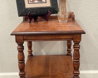 Vintage End Table With Framed Still Life And Etched Vase