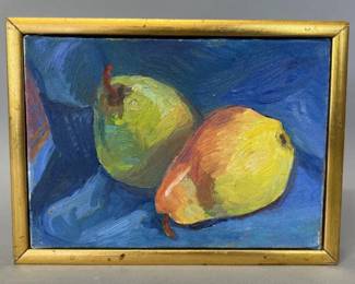 Small oil on canvas of still life with two pears by Elizabeth Holden Slipek (Richmond, 1920-2002)