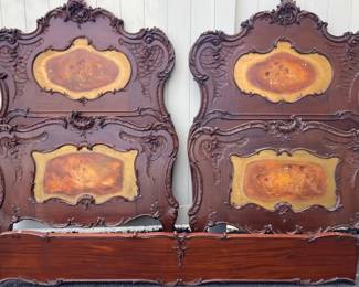 Fantastic pair of walnut carved French Victorian twin beds with painted panels, sold 2x the money
