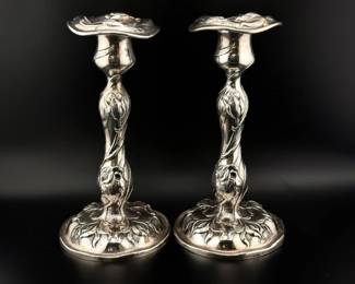 Pair of Art Nouveau weighted sterling silver candlesticks marked James Allan and Co (1855-1960, Charleston)