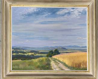 Oil on canvas of pastel serene landscape by Marcus Jacobi (Swiss, 1981-1969)