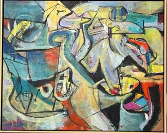 Abstract on masonite board by William Roth Kohn (St. Louis, MO, 1931-2004) “Composition XVI”