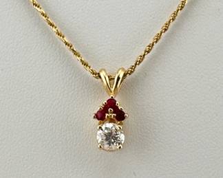14kt diamond, ruby pendant necklace