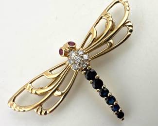 Signed 14kt diamond, sapphire, ruby dragonfly pin