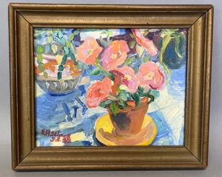 Oil on canvas of still life with potted roses by Elizabeth Holden Slipek (Richmond, 1920-2002)