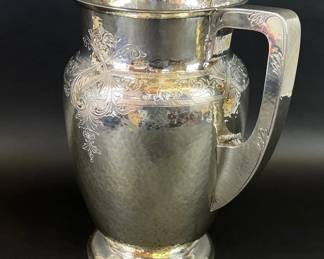 Outstanding hammered Whiting sterling water pitcher with engraved decoration #1385A
