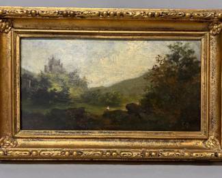 19th century oil on panel of landscape with castle and figure, signed CJ