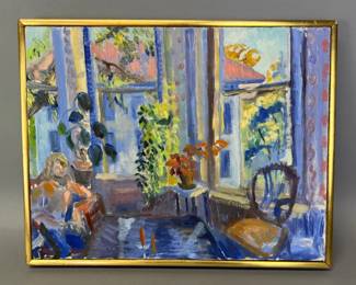 Elizabeth Slipek oil on canvas of interior room scene (Richmond, VA 1920-2002)