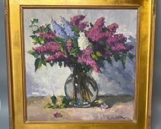Signed oil on canvas “Lilacs” by Richard Oversmith, dated 2012 (North Carolina)