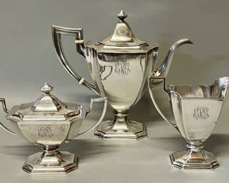 Three piece sterling silver monogrammed "Fairfax" teaset