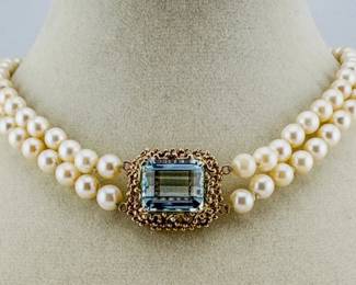 14kt, blue topaz double strand pearl choker