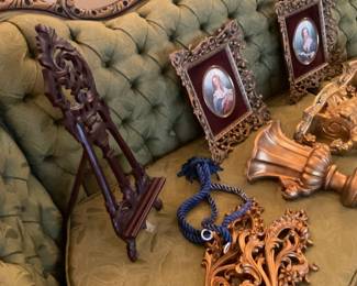 Carved easel, framed prints.
