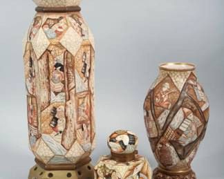 German Japonesque Porcelain Vase Inkwell and Small Vase