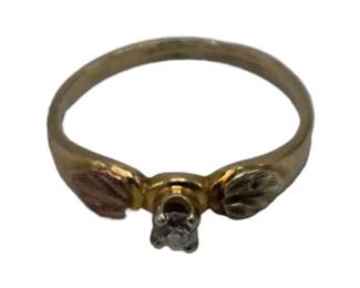 10k Black Hills Gold Leaf Ring w/ Accent Diamond Stone&nbsp;

Sz 2.75

Weight 0.93 grams (includes stone)

Hallmark

Estimated Melt Value: $32.89&nbsp;as of (1/5/25) (includes stone)

Buyer is responsible to pay for Shipping and Ins (See Shipping Details)