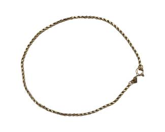 14k Gold Rope Bracelet

L 19cm W 22mm

Clasp: Spring Ring

Hallmark: 14k / OR / WG

Weight 0.71 grams&nbsp;

Estimated Melt Value: $34.97 as of (12/20/2024)

Buyer is responsible to pay for Shipping and Ins (See Shipping Details)