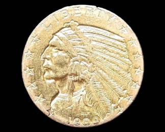 1909 Indian Head $5 Gold Coin

Weight 8.35 grams&nbsp;&nbsp;

Estimated Melt Value: $639.09 as of (1/4/25)

Buyer is responsible to pay for Shipping and Ins (See Shipping Details)