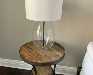 Salvaged Wood and Metal Side Table and Glass Lamp