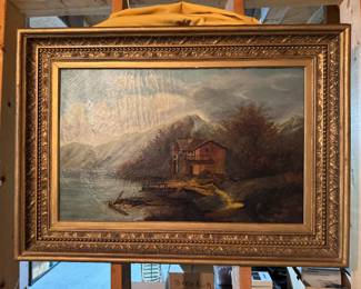 Original 19th century landscape painting with massive wood frame 