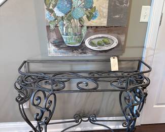 Metal and glass table; Nancy Cooper art