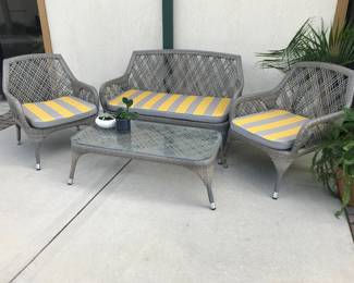 Modern 4 piece outdoor patio set, 2 lounge chairs, sofa, and table