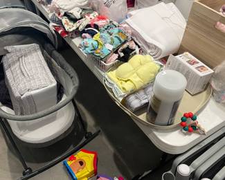 Baby clothes, baby gate, bassinet