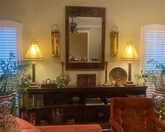Extra long book shelf; mirror; wall lanterns; matching lamps