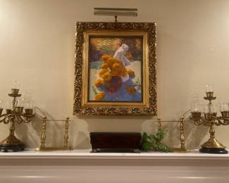 Antique brass selections; framed art