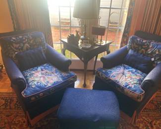 Custom upholstered chairs and ottoman
