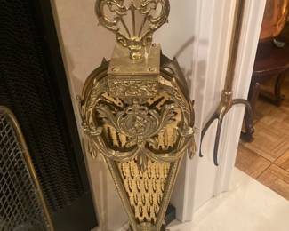 Fan fire screen; Brass Lion log grabber by the late Paul Grubb.