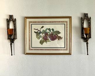 Pair of MCM Dart Plastic Copper Candle Wall Sconces with Yellow Hobnail Glass Tealight Holders, and A Framed Lithograph of Prune Royale from the 50's