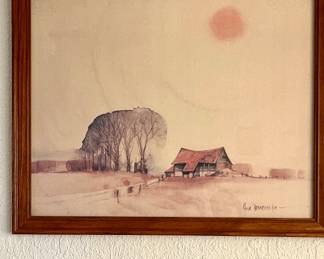 This is a framed art print by the artist Hugh Brandon-Cox.
The print depicts a rural landscape with a barn, trees, and a setting sun.
