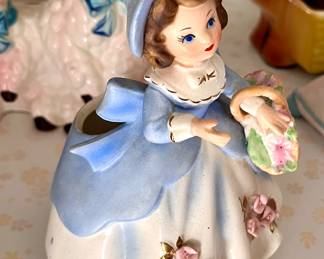 Vintage Trimont Ware Pretty Girl With a Flower Basket in a Blue Dress Planter