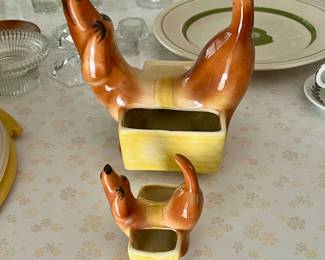 2 Vintage 1950's MCM Hirsch Rover Dachshund Ceramic Caddy Valet Planter Dresser