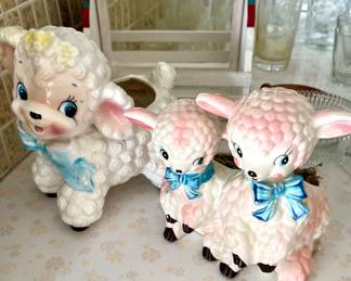 Vintage Anthropomorphic Lamb & Mom Planter Figurine Japan Easter Blue, and Single Vintage Anthropomorphic Lamb Planter