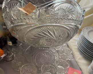 American Brilliant punch bowl w/ pedestal & 26 cups and glass spoon.