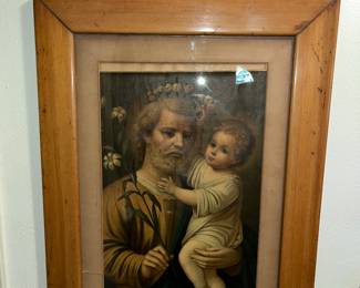 Large antique chromolithograph of St. Joseph with Child in antique frame - needs to be re-positioned inside, 