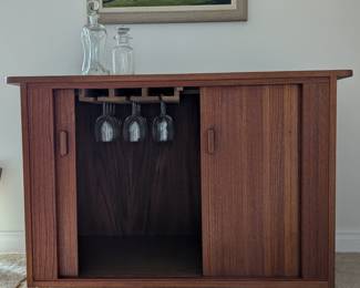 MCM Bar Cabinet with Sliding Tambour Doors on Casters, Baccarat France Wine Glasses (12), Crystal Decanters