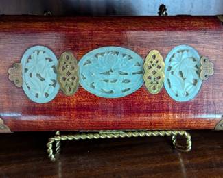 Vintage Chinese Rosewood, Brass, Jadeite Jewelry Box