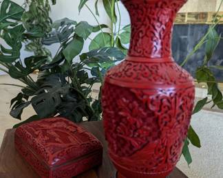 Vintage Chinese Cinnabar, Blue Enamel Box and Vase