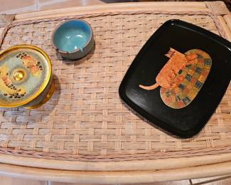 Couroc Vintage Teay, Heath Pottery Ashtray and Vintage Can on Rattan Table