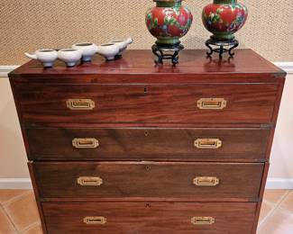 Antique English Mahogany Campaign Chest Desk, front drops down, this is a two piece chest.