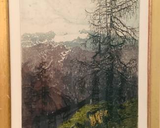double signed Josef Eidenberger aqua tint of upper Austrian mountains