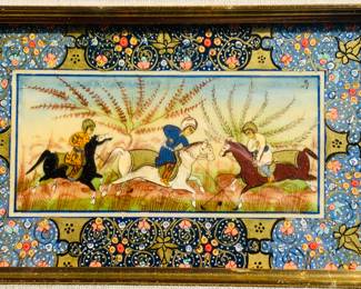 one of two original painted Persian Mughal style paintings. These are miniatures with richly painted boarders 