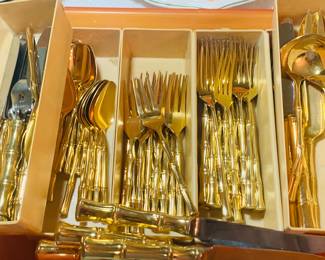 large set of gold bamboo design flatware--1980's glamour